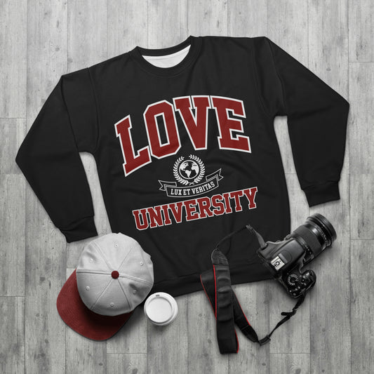 LOVE UNIVERSITY AOP Unisex Black Sweatshirt