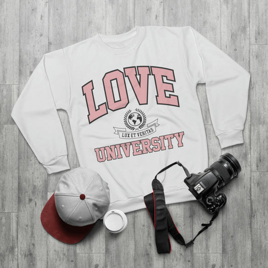 LOVE UNIVERSITY AOP Unisex White Sweatshirt