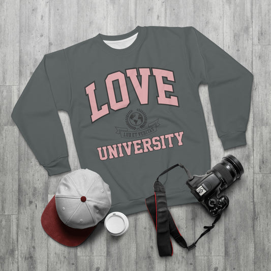 LOVE University AOP Unisex Grey Sweatshirt
