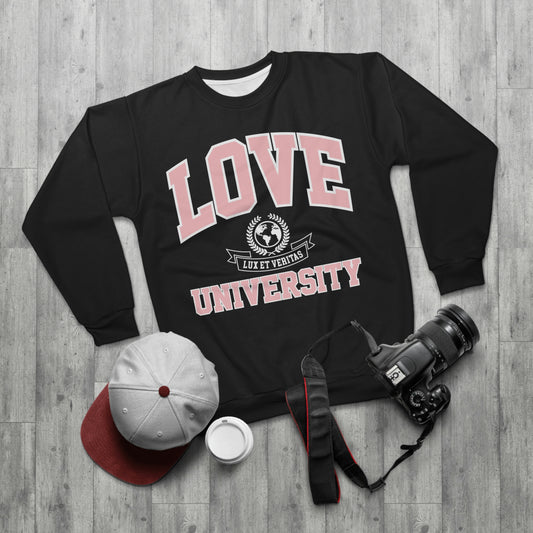 LOVE University AOP Unisex Black Sweatshirt